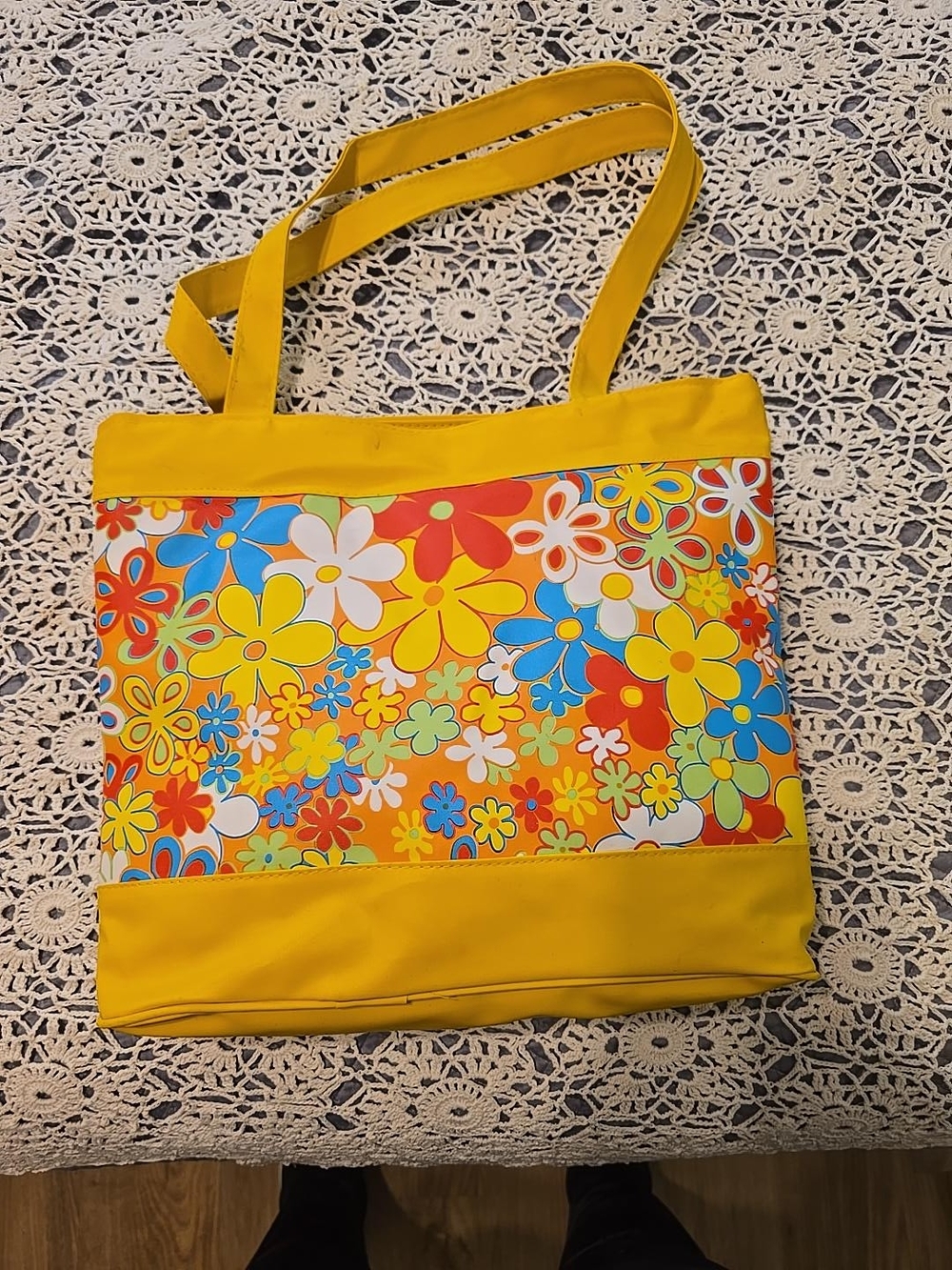 Flower Power Yellow Tote Bag - Bright Flower Print Shoulder Bag Groovy 70s Style